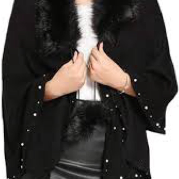 Frank Lyman Design Accessories - Black Faux Fur Studded Frank Lyman Shawl/cape